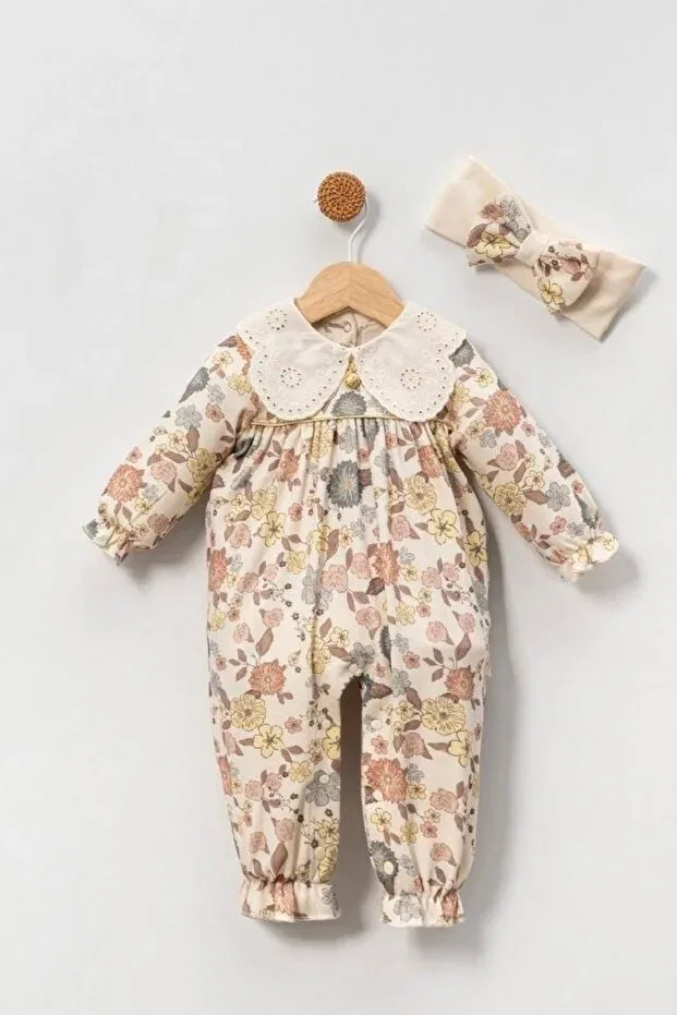Детский комбинезон для девочек с кружевным воротником Gold Series Lace Collar Floral Cherub Baby, Beige — фото 3