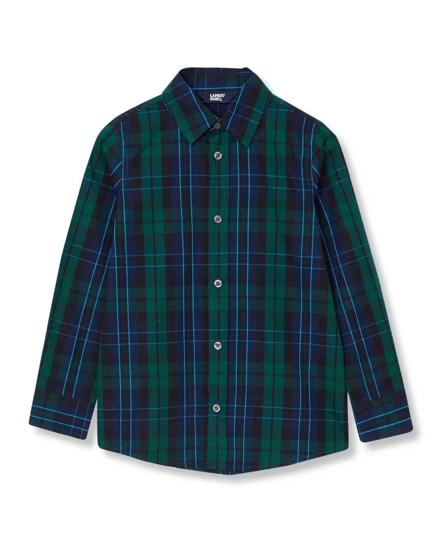 Рубашка с длинным рукавом в клетку Boy's Holiday Long Sleeve Poplin Lands' End, Dark Green Multi Plaid
