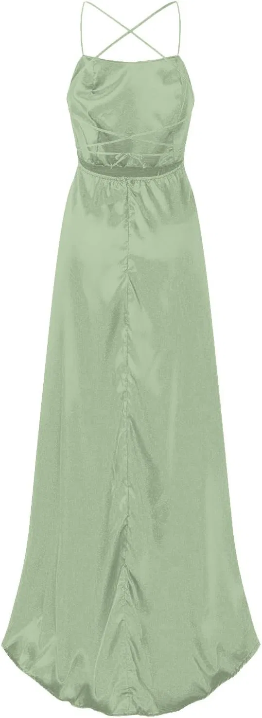 Женское длинное платье на бретелях с карманами Satin Halter, Green — фото 4