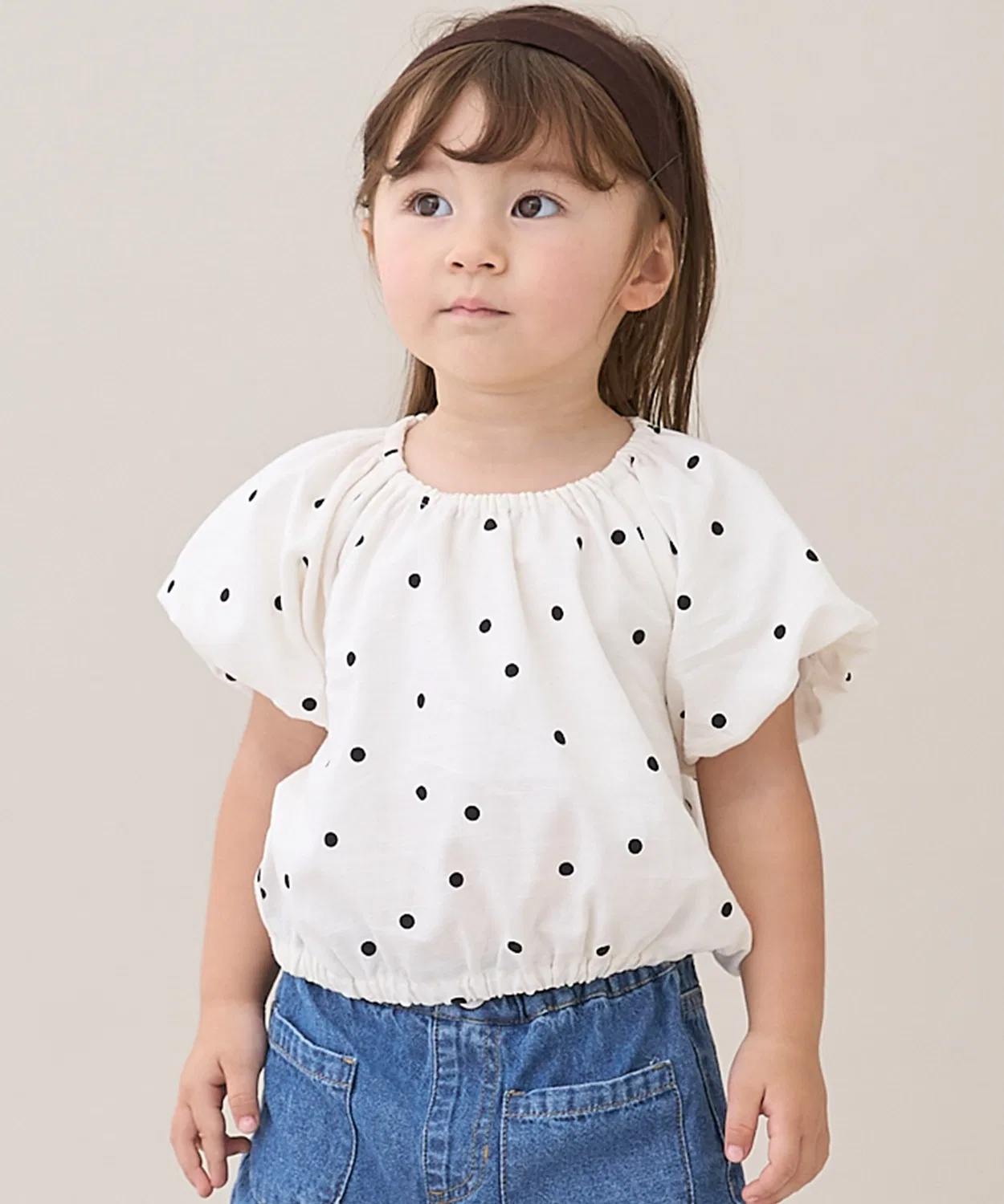 Детская блуза с рукавом-фонарик, хлопковая, с бантом, модель Balloon Blouse, petit main, Natural