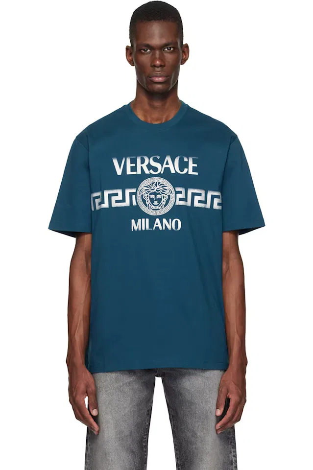 Темно-синяя футболка из хлопка джерси с принтом Versace