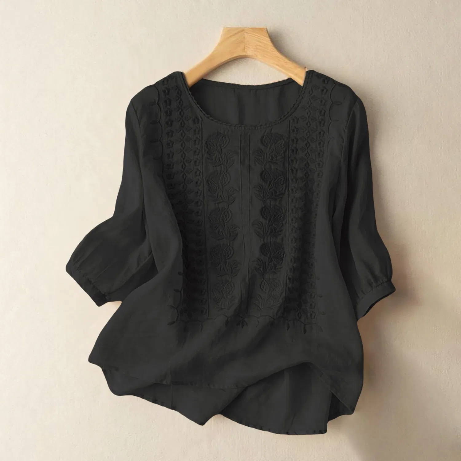 Женская блуза с цветочной вышивкой Cotton Linen Tops, Z12-black Linen Shirts for Women — фото 3