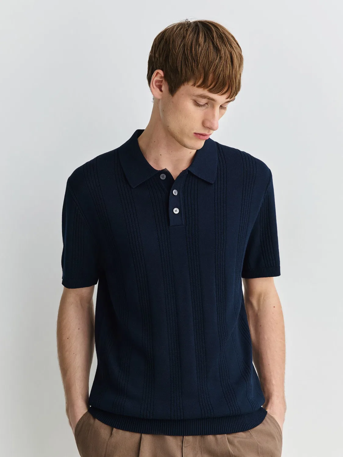 Поло Slim Fit из хлопка с пойнтель-вязанием, Navy Blue Next — фото 3