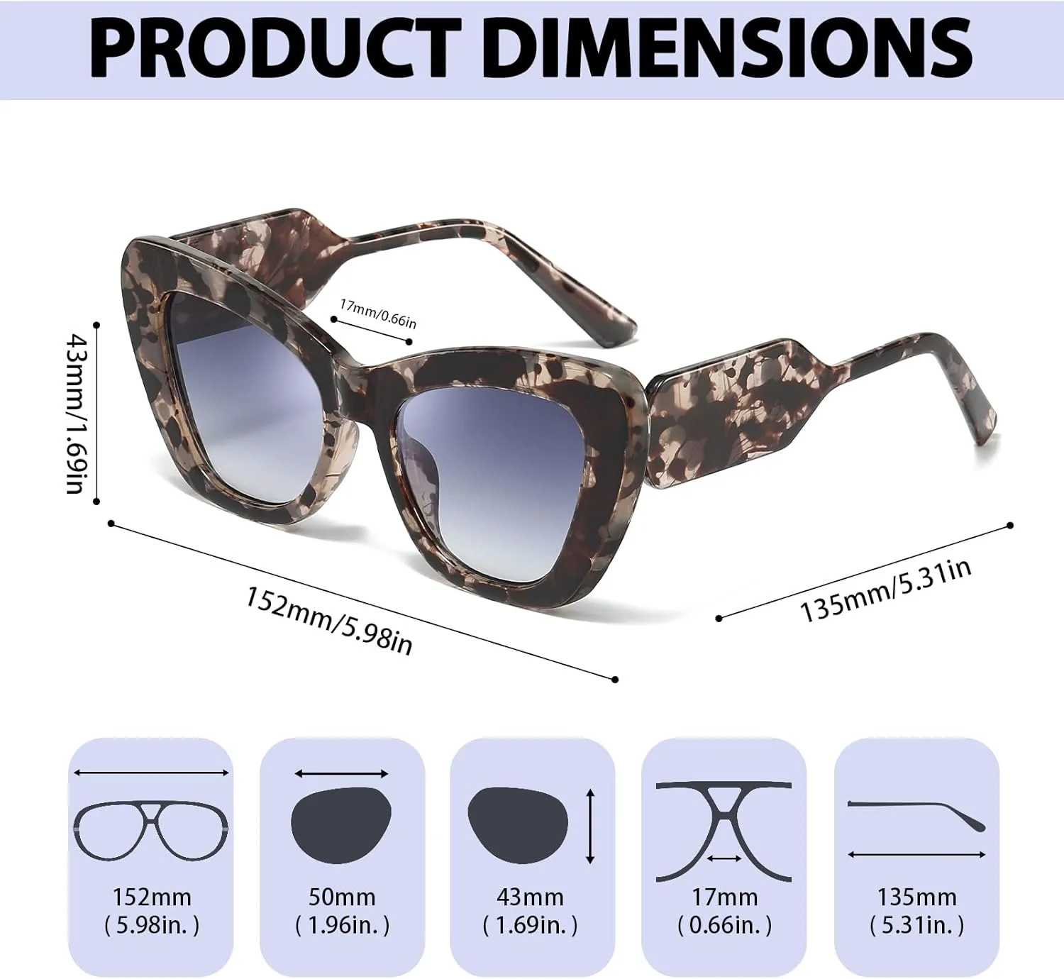 

Солнцезащитные очки Chicid «Кошачий глаз» для женщин, увеличенные солнцезащитные очки «Кошачий глаз» с защитой от УФ-излучения, A04 White Tortoise Frame/Gradient Grey