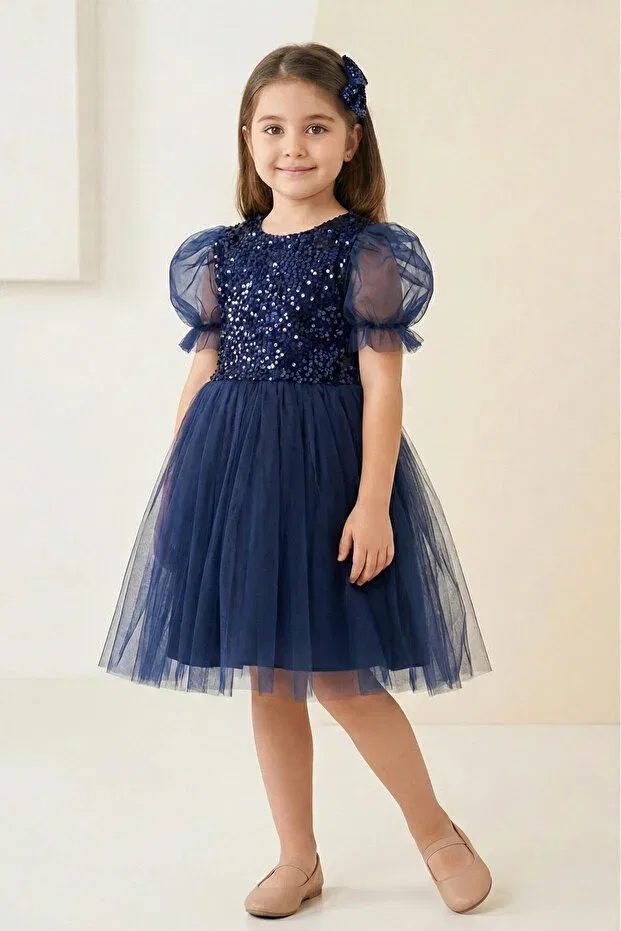 Детское платье для девочек с пайетками Puff Sleeve Sequin Girls' Tutu Dress Mnk Baby&Kids, Navy Blue — фото 4