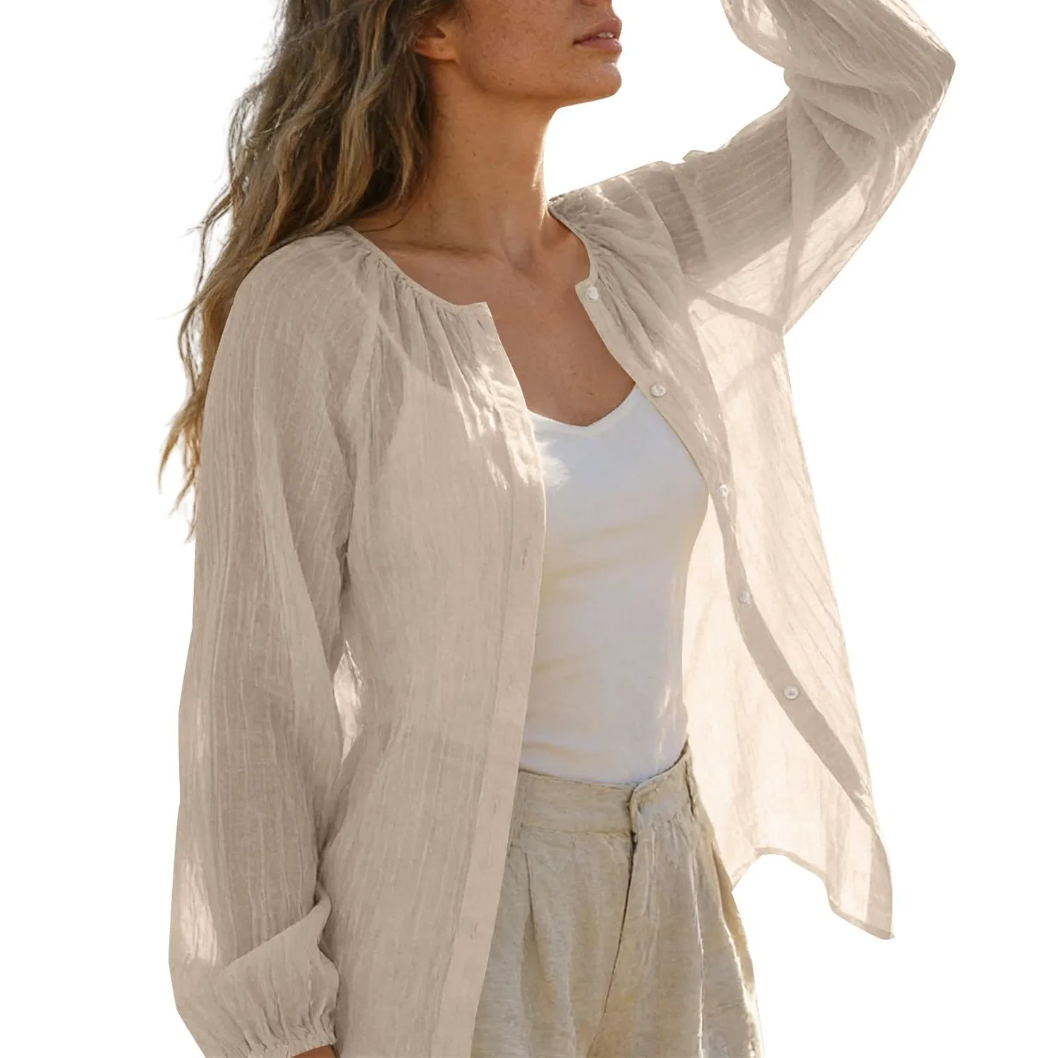 Женская блузка из хлопка и льна с длинным рукавом, Beige — фото 2