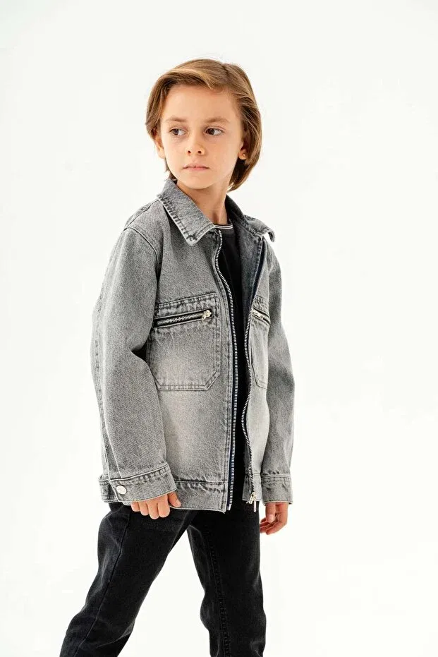 Детский джинсовое пиджак для девочки с длинным рукавом Zippered Double Pocket Boy's Denim Jacket Dazzledkids, Gray — фото 3