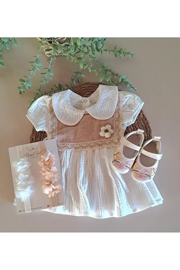 Детское платье для девочек с принтом Daisy Embroidered Baby Collar Muslin Baby Dress Masalbebek_Tr, White — фото 4
