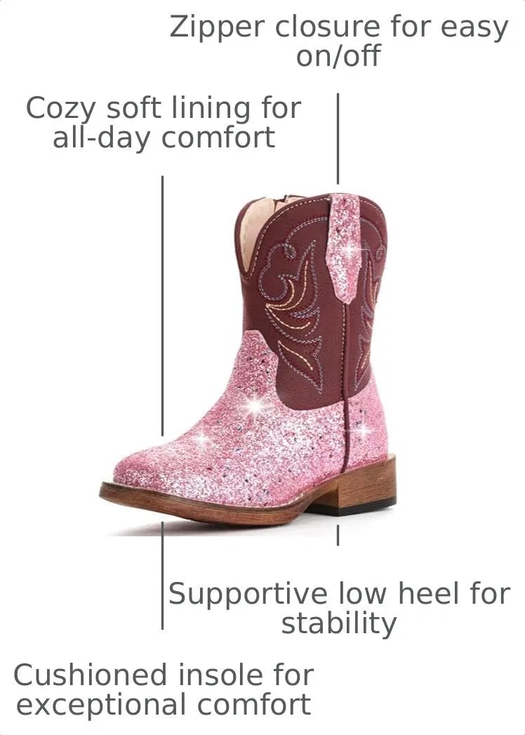 Детские сапоги для девочек с квадратным носком Cowgirl Boots IUV KIDS, Bright Pink Glitter — фото 3