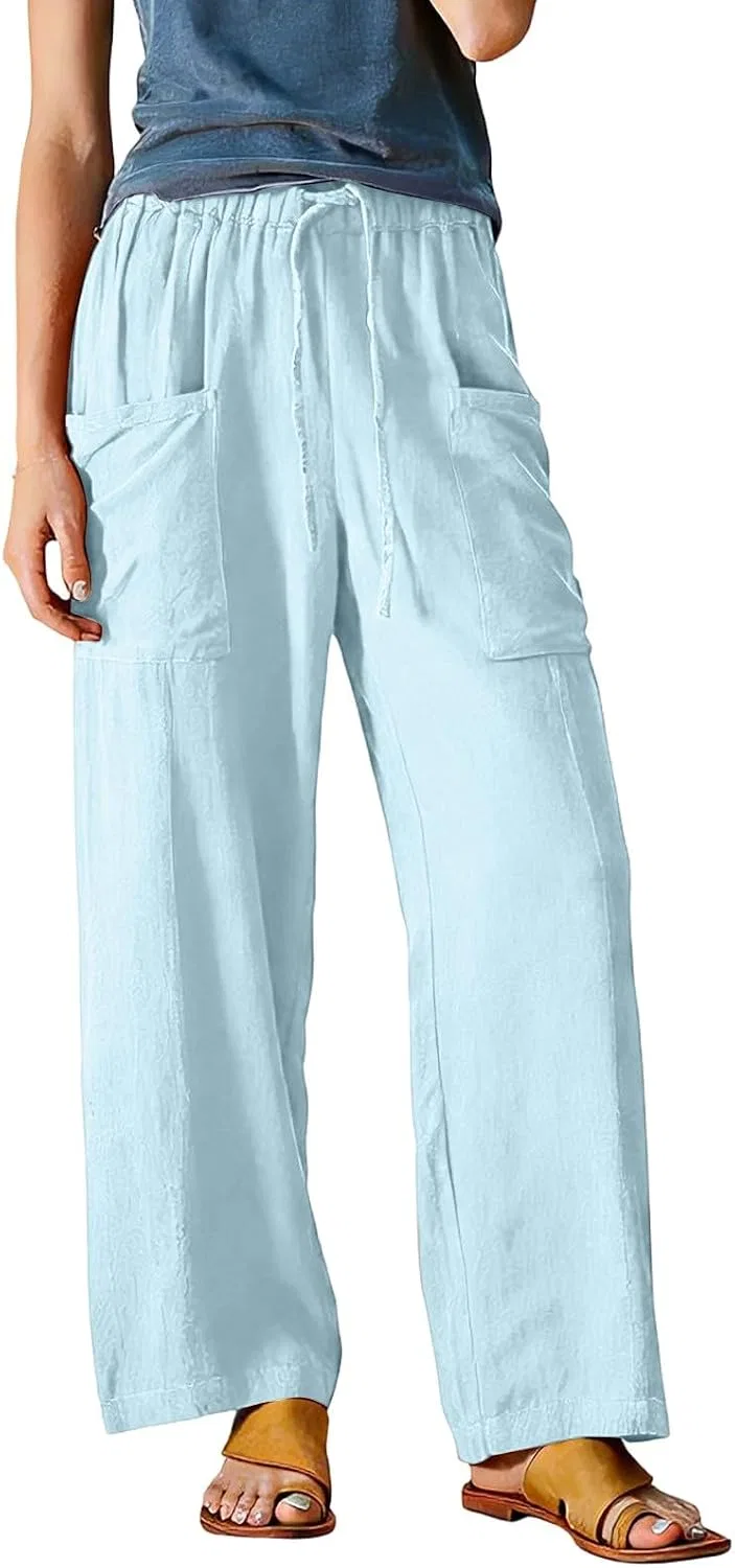 Женские широкие льняные брюки с завязкой, Light Blue — фото 4