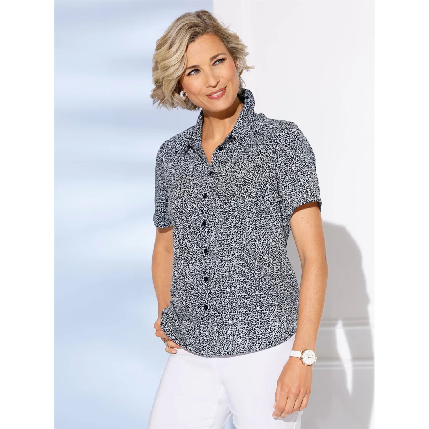 Женская блуза с коротким рукавом с цветочным принтом Classic Basics, Marine-White