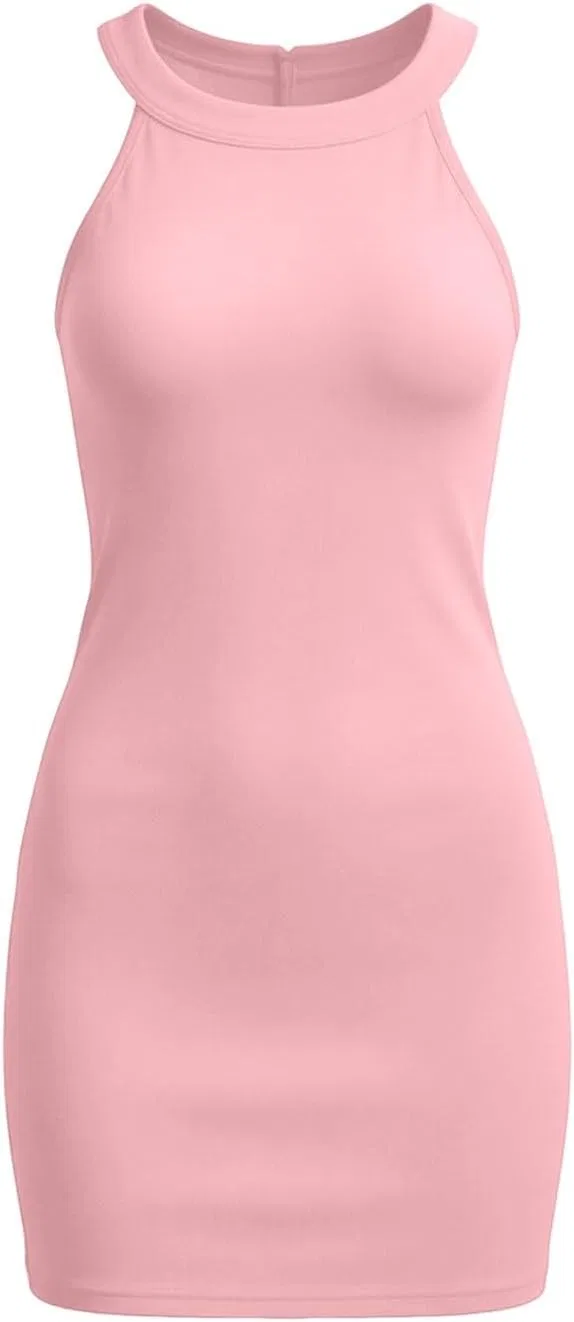 Женское мини-платье с круглым вырезом без рукавов, Pink — фото 4