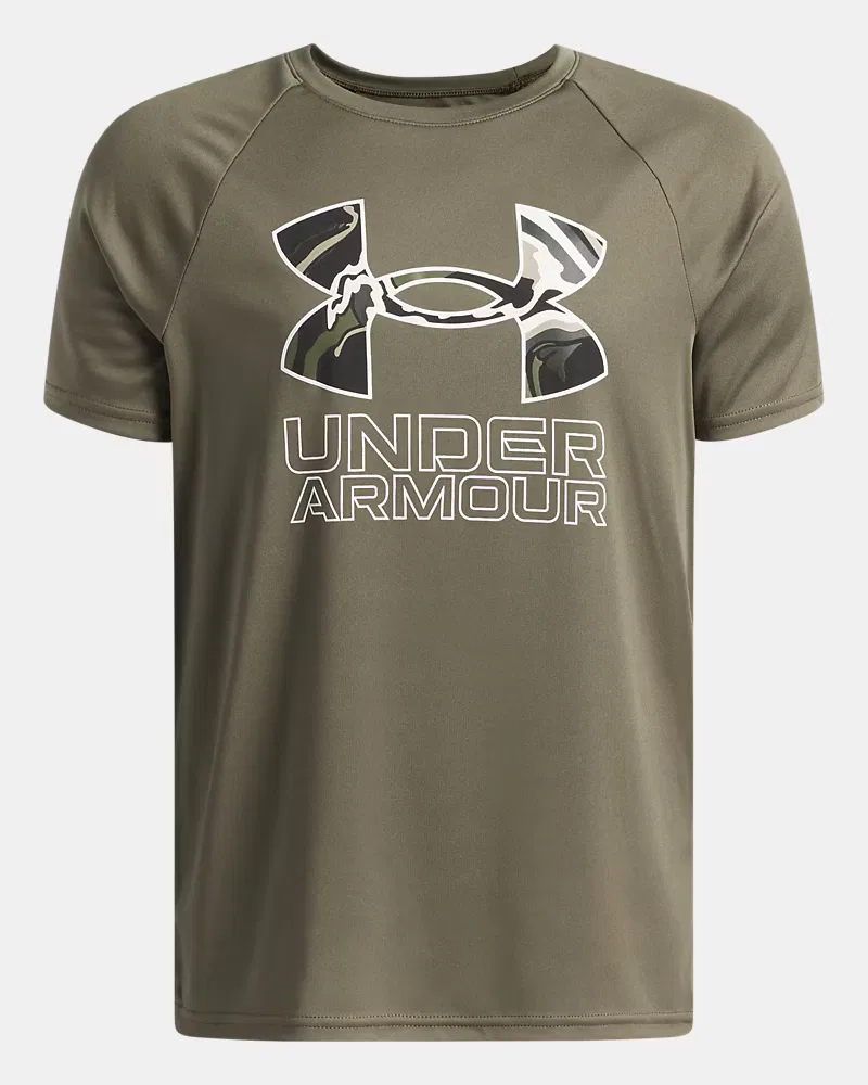 Футболка для мальчиков с коротким рукавом, влагоотводящая UA Tech Hybrid Print UnderArmour, Marine Od Green/White