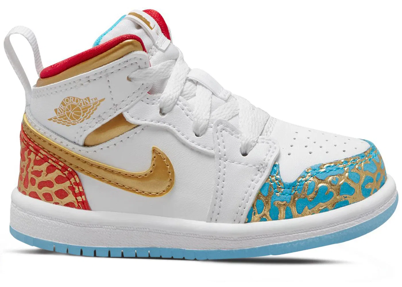 Детские кроссовки Lifestyle Jordan 1 Mid, White/University Red/Blue Lightning/Metallic Gold