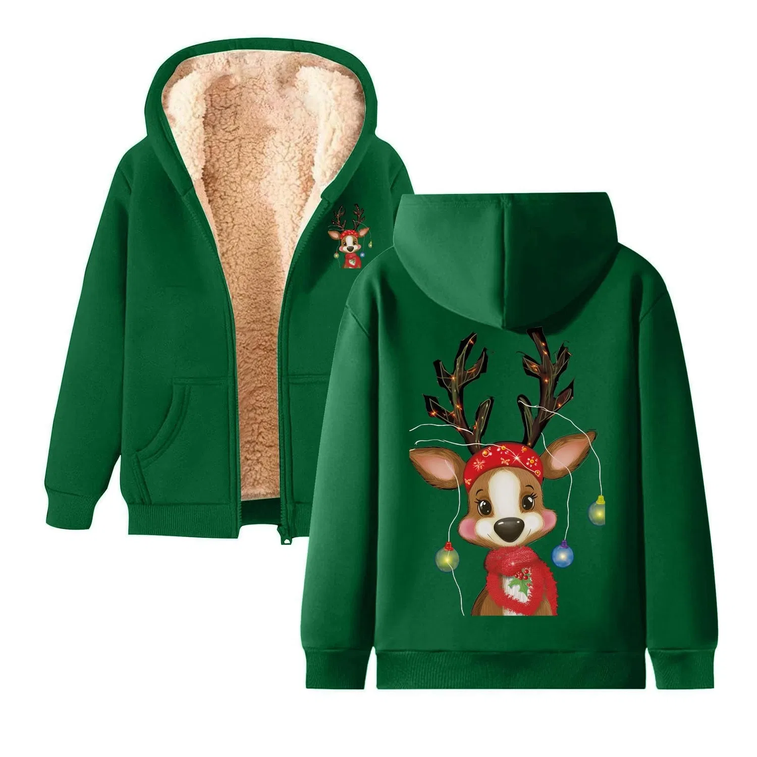 Женский флисовый худи с принтом, на молнии, с карманами, 1 X Dark Green