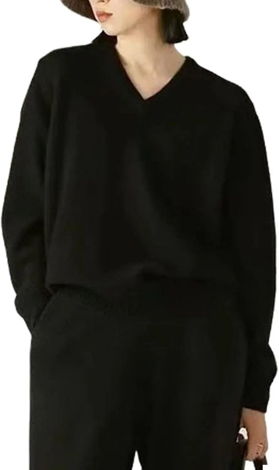 Женский свитер с V-образным вырезом, с длинным рукавом, Cashmere Knitting, чёрный