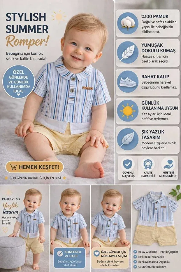 Детский комбинезон с коротким рукавом в полоску Krm Kerem Bebe, Yellow — фото 2