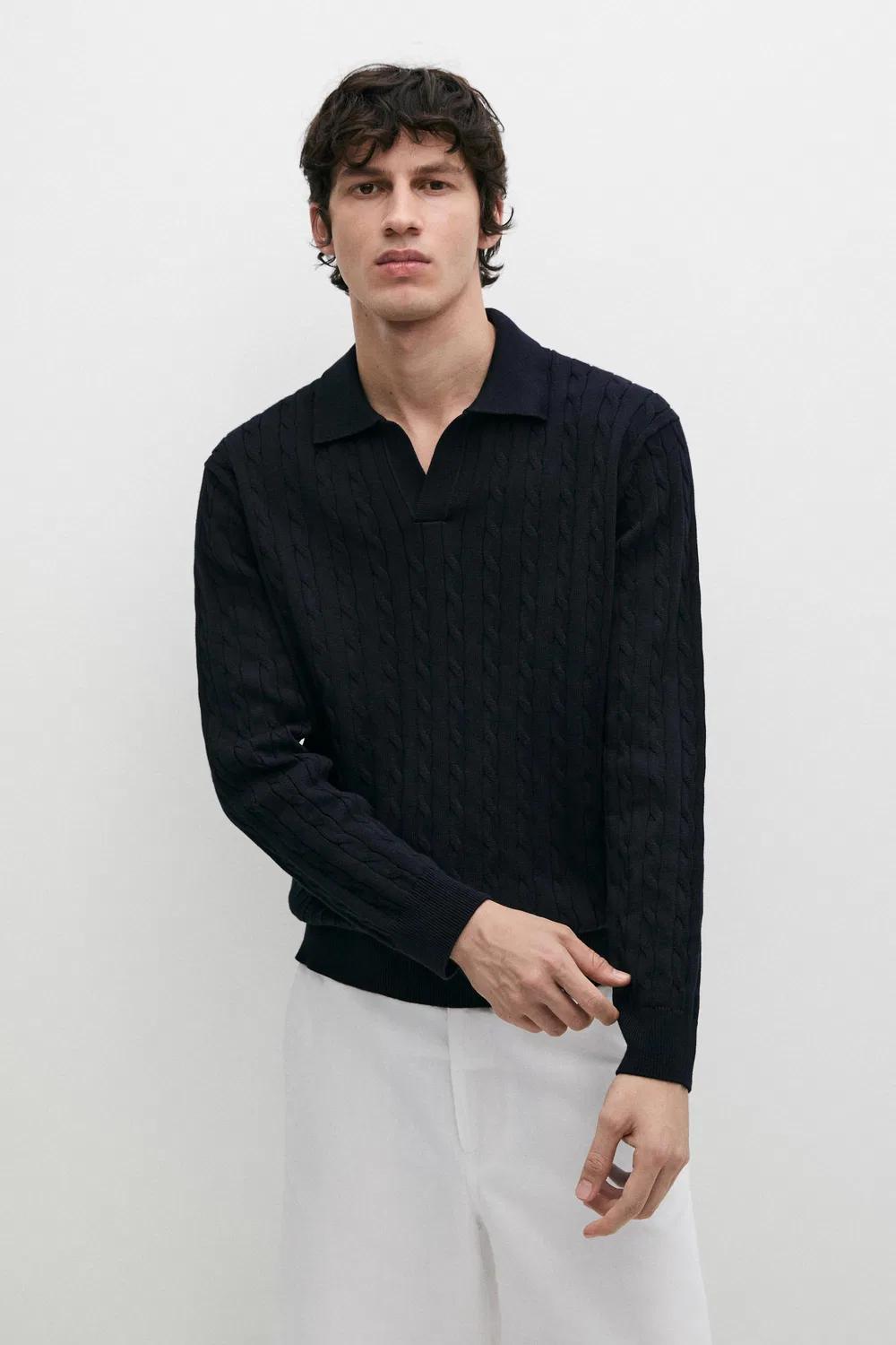 Поло-свитер Massimo Dutti, крупная вязка из хлопка, темно-синий — фото 2