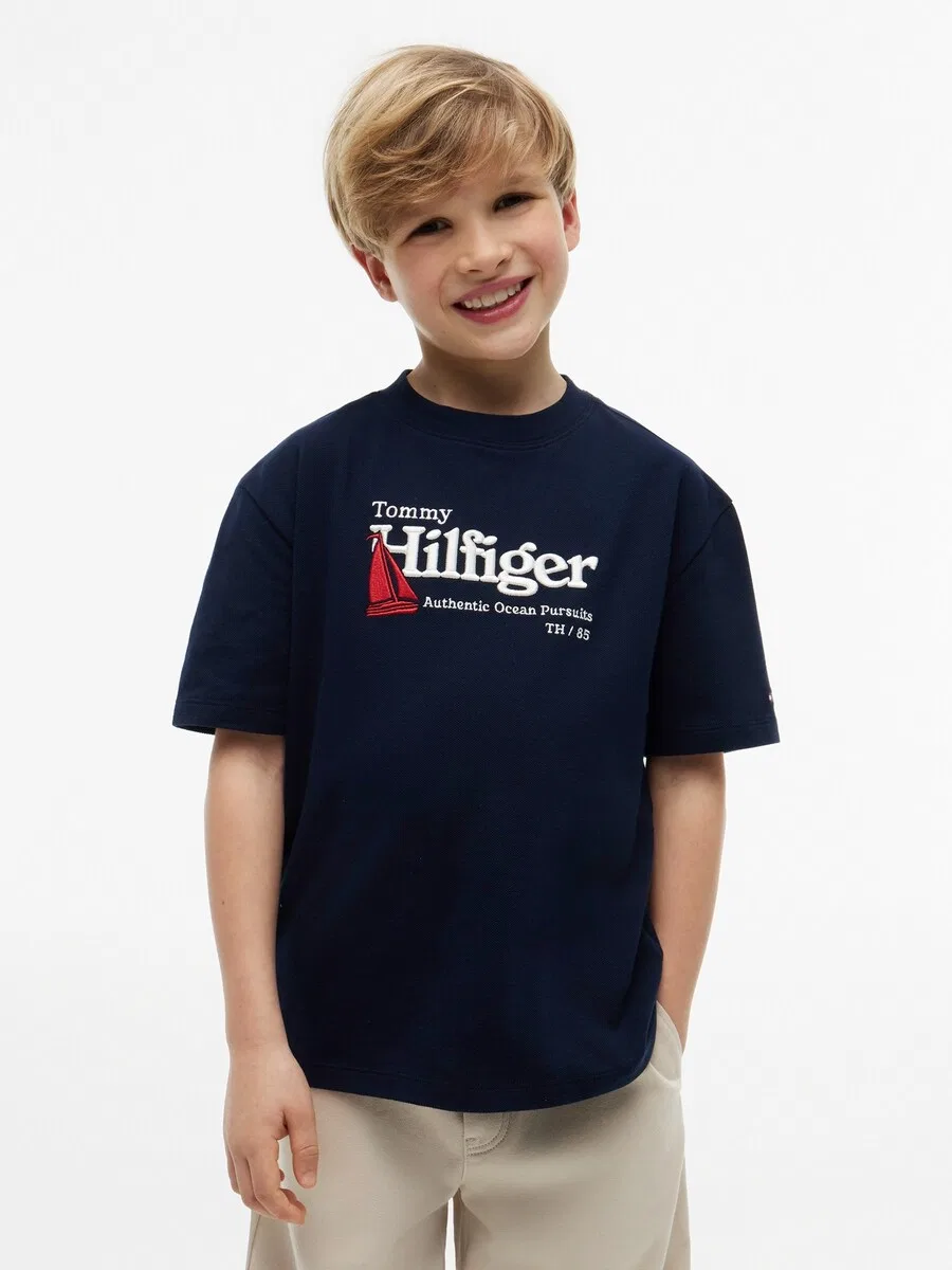 Футболка TOMMY HILFIGER с вышивкой логотипа, темно-синего цвета — фото 2