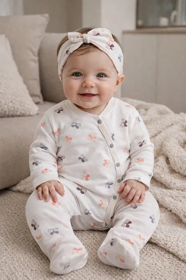 Детский комбинезон для новорожденных с принтом Organic Butterfly Figured Bandana Atlas Baby House, Ecru — фото 2