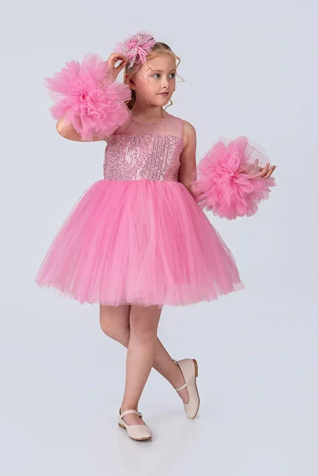 Детское платье для девочек с пайетками Pompom Sleeves And Sequined Tutu Vestitino, Candy Pink — фото 3