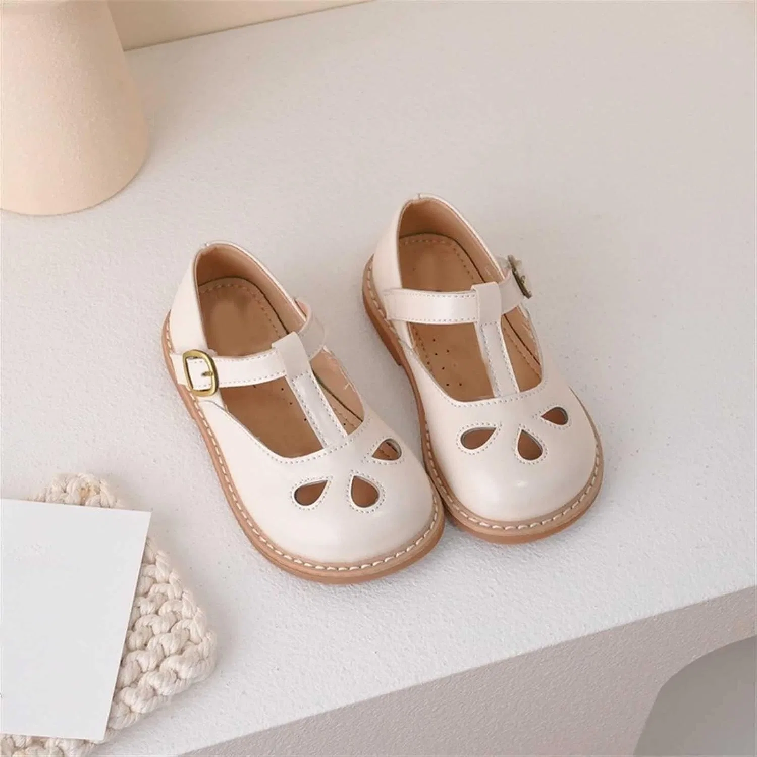Детские туфли Мэри Джейн для девочек, балетки, без скольжения, Beige — фото 3