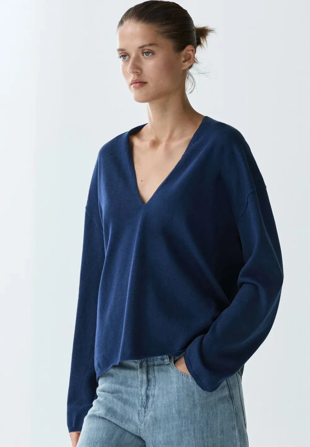 Вязаный свитер в полоску с V-образным вырезом Massimo Dutti, Dark Blue
