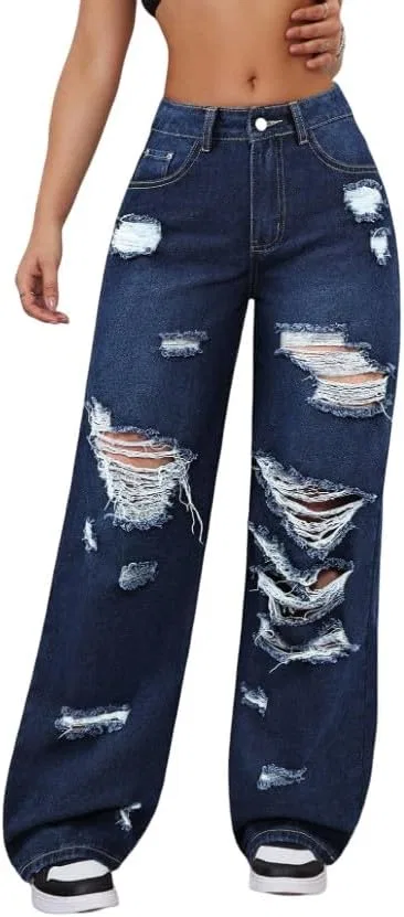 Женские джинсы Wide Leg с потертостями, молния спереди, средняя посадка, свободный крой, светлая стирка Casual Generic, Dwash