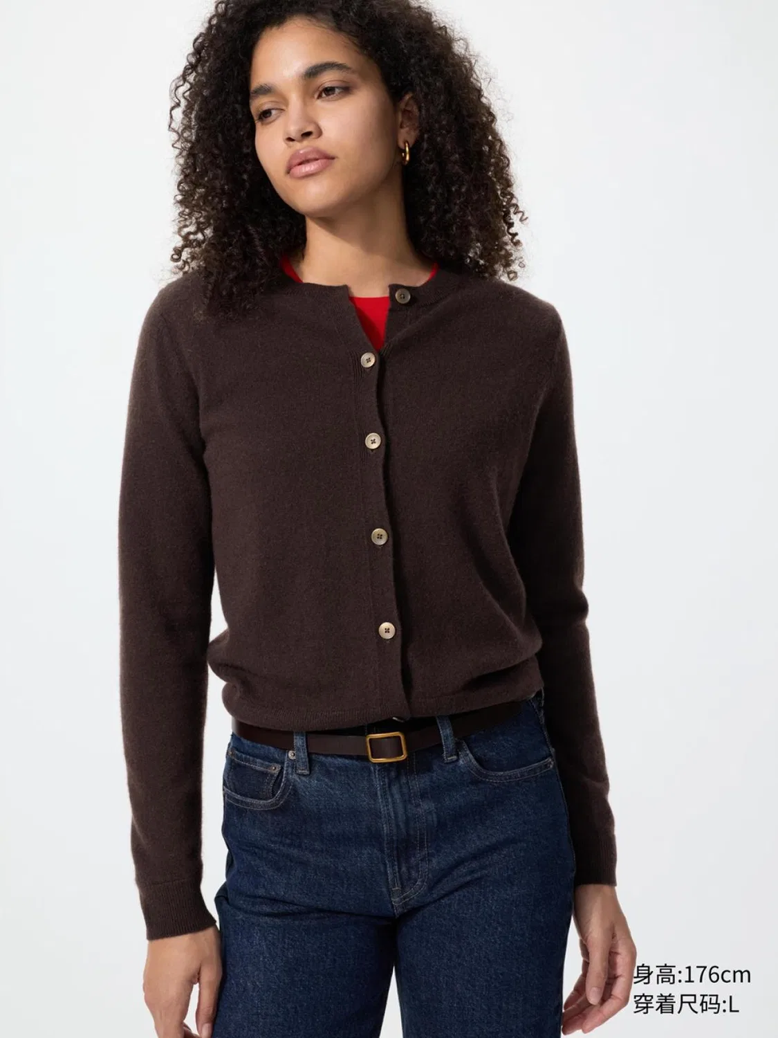 Кардиган короткий вязаный с круглым вырезом из кашемира Uniqlo, коричнево-черный