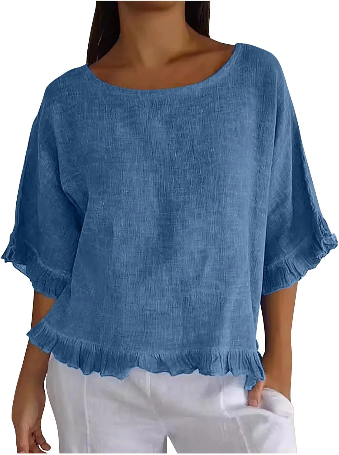 Женская блуза с рюшами Cotton Linen, синий