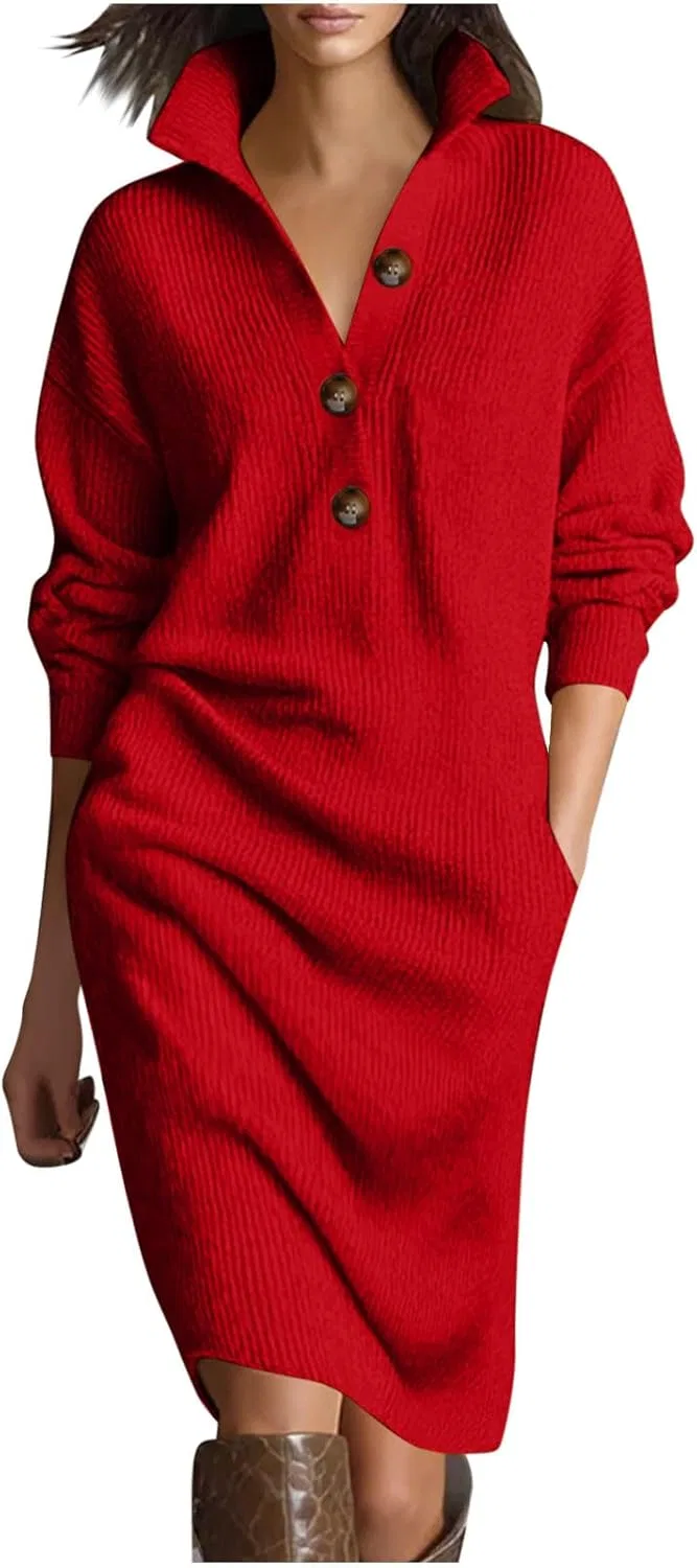 Женское свободное платье с воротником-лацканом, Knitting Cotton, Red