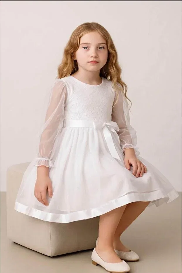 Детское платье для девочек с длинным рукавом Party Falcomini, White — фото 3