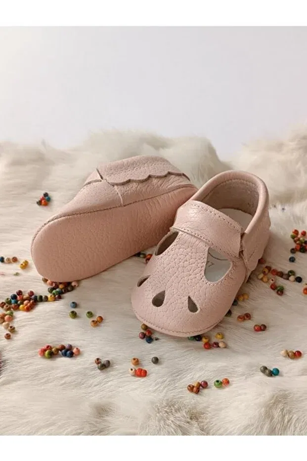Детские пинетки для девочек из натуральной кожи Wizy powder genuine leather baby booties moccasin Hodore, Powder — фото 2