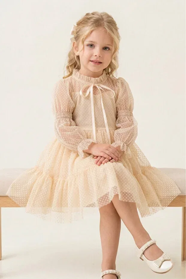 Детское платье для девочек с длинным рукавом Modest Eray Kids, Nude Color — фото 4