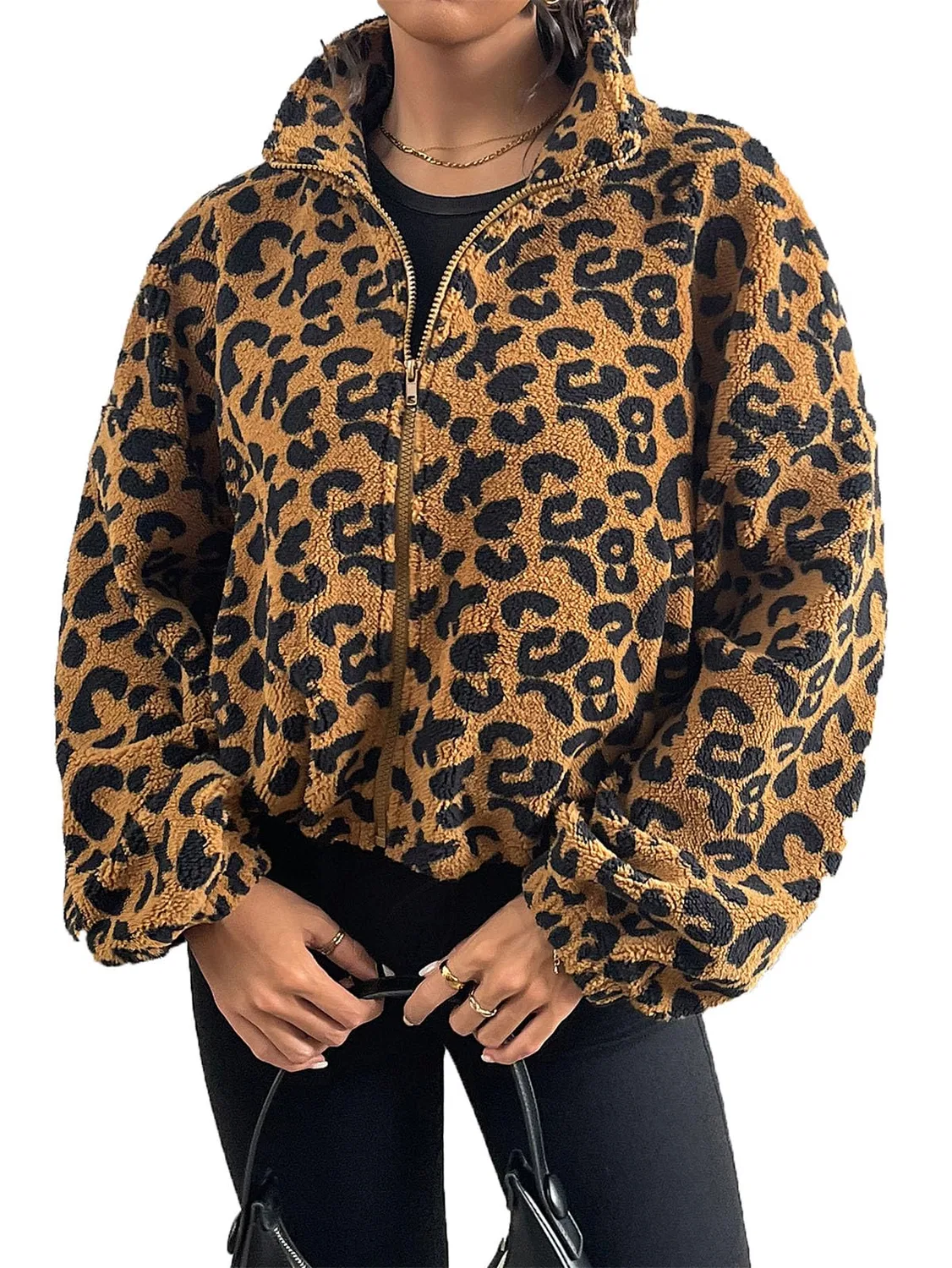 Женское пальто из флиса с принтом леопарда, Teddy Fleece Jackets for Women Sherpa Furry Long Sleeve Zipper Short Plush Coat Leopard Print, 8