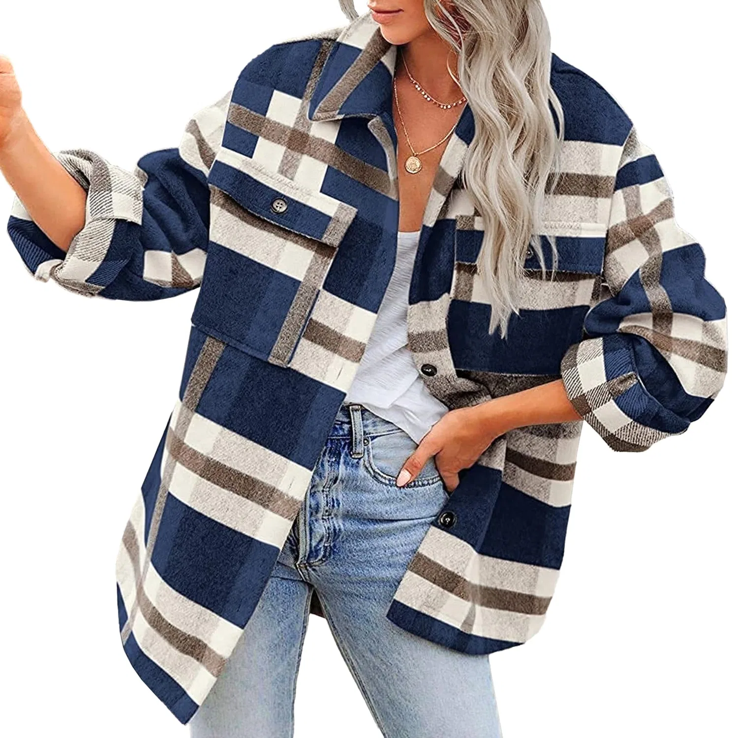 Женская фланелевая рубашка с длинным рукавом с карманами, Blu Navy