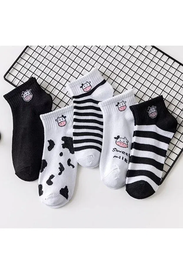 Детские носки с принтом Pack of 5 unisex cow patterned cotton ankle socks Worthy Socks, White, Black — фото 3