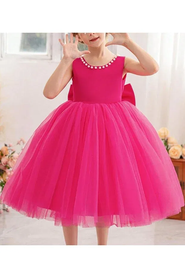Детское платье для девочек с принтом Girl's collar pearl dress our violet model birthday graduation reading day evening dress Nsmkidslife, Fuchsia — фото 3