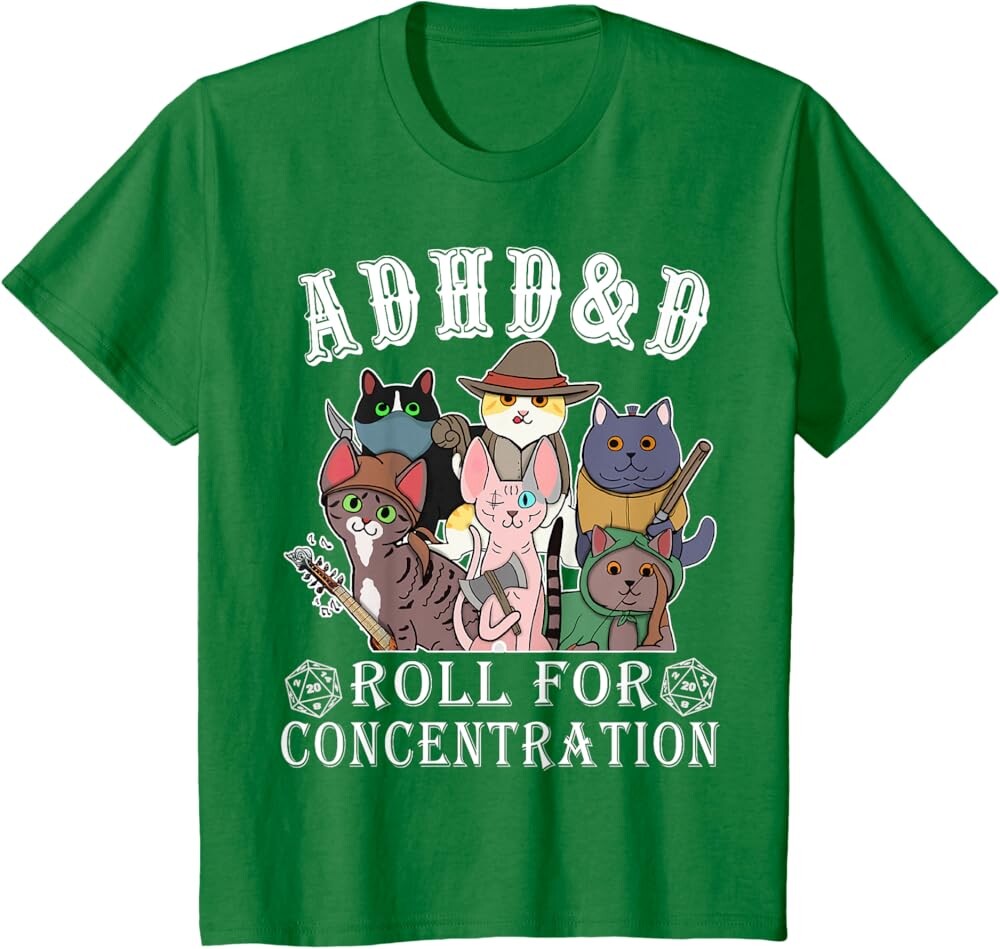 

Детская футболка Funny Tees Gamer RPG Apparel Cats RPG Gamer Roll For Concentration D20 Dice Nerdy, темно-зеленый