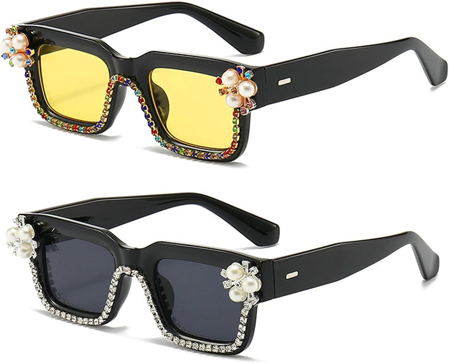 

Солнцезащитные очки Helena прямоугольной формы с бриллиантами, квадратные солнцезащитные очки со стразами, жемчужные женские блестящие солнцезащитные очки для вечеринок, Black+yellow