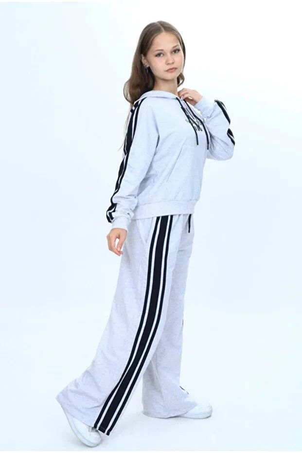 Детский спортивный комплект для девочек из футера Oversize 2 thread girls sports bottom & top tracksuit set Joui Co, Gray — фото 4