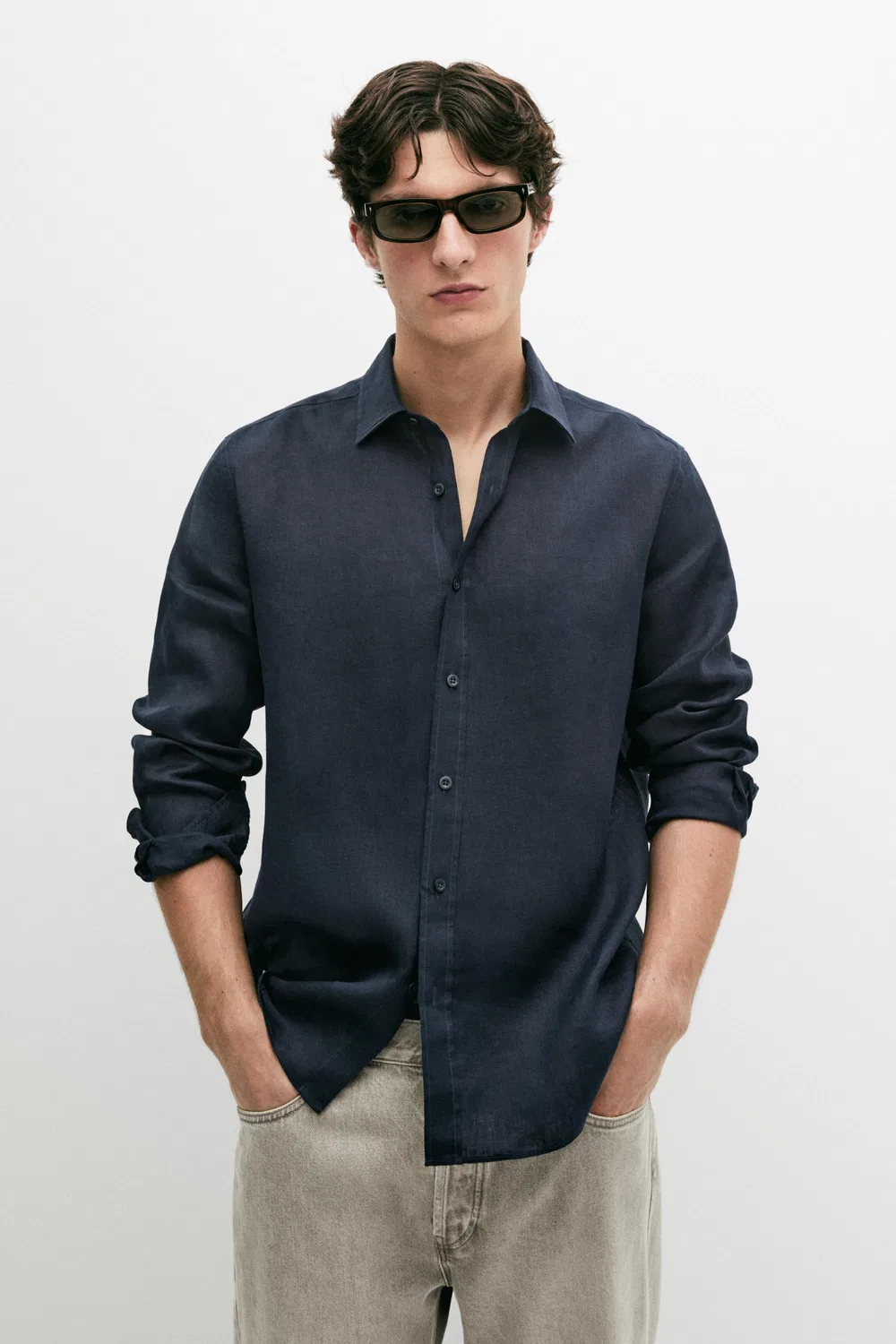 Рубашка приталенного кроя из 100% льна Massimo Dutti, темно-синий — фото 2