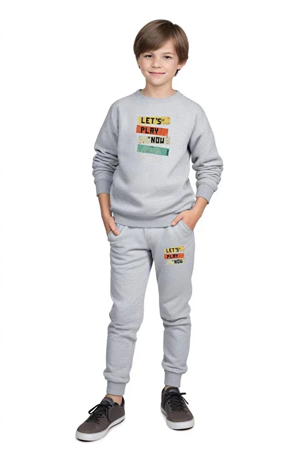 Детский спортивный костюм для мальчиков с принтом Round Neck Lets Play Printed Detail Fyk Collection, Gray
