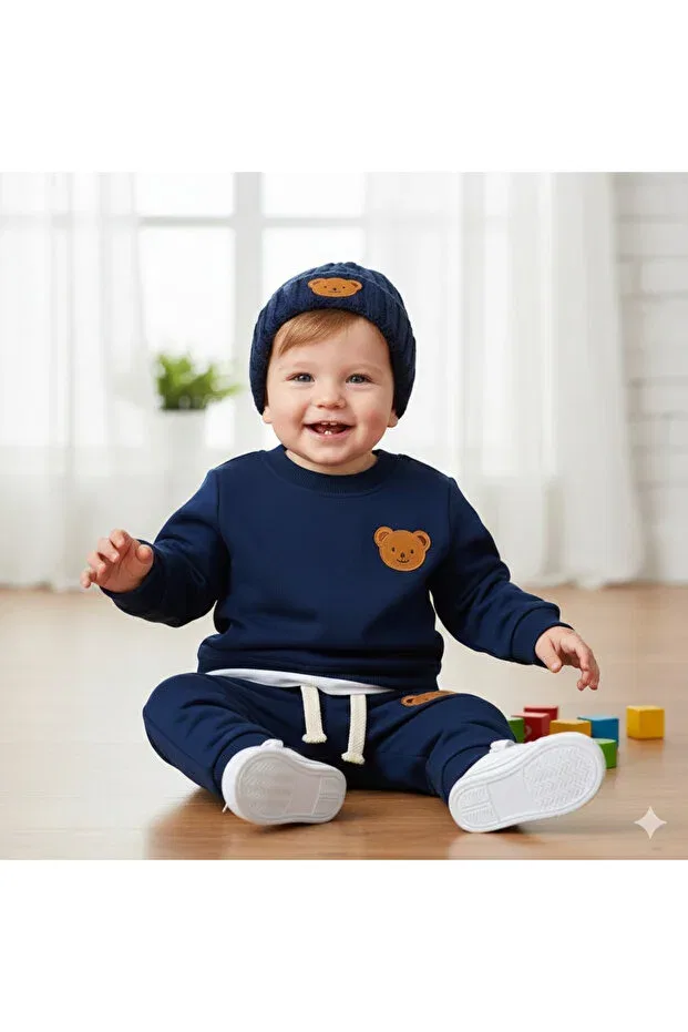 Детский комплект спортивного костюма с вышивкой Teddy Navy Blue Şapkakids, Navy Blue