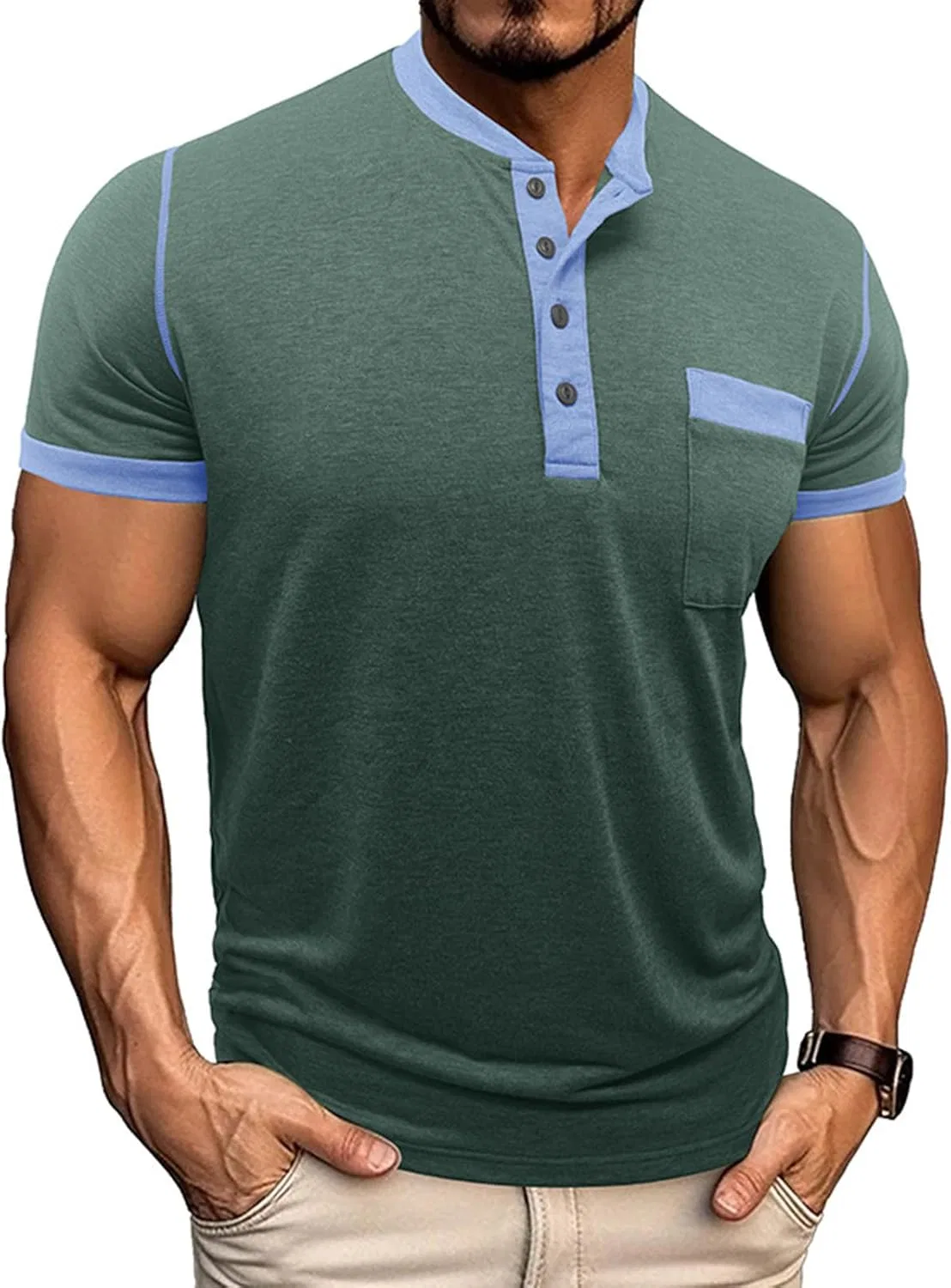 Мужская повседневная футболка с карманом Henley, Green