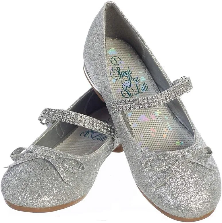 Детские балетки для девочек с ремешком со стразами и бантом Swea Pea & Lilli, Silver