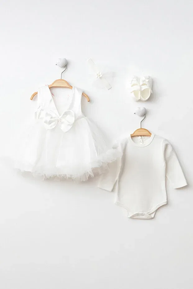 Детское платье для девочек с принтом Ponpon baby girl newborn tulle floral mevlüt dress special occasion outfit 4 pieces Harry&Millie, Ecru — фото 4