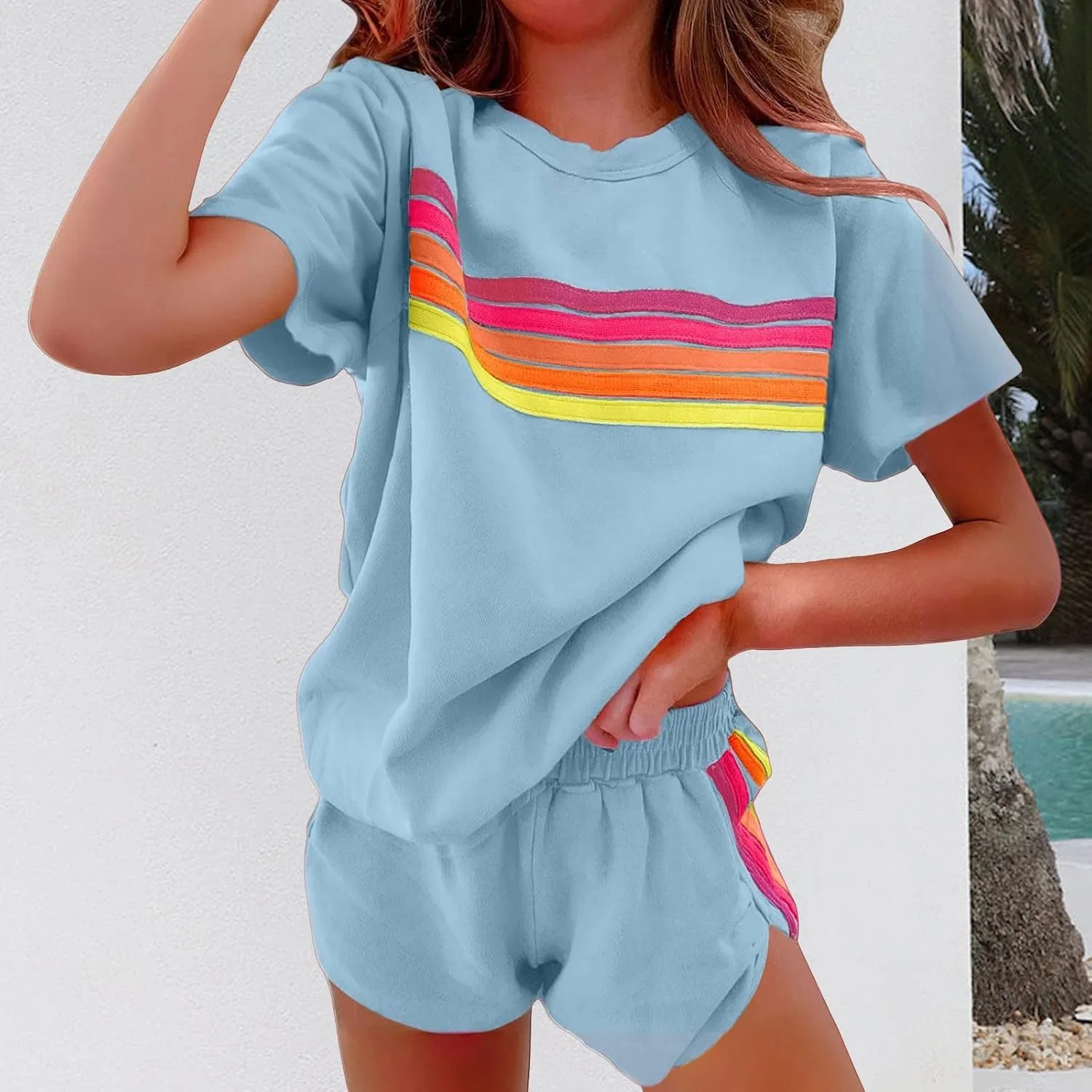 Женский комплект из свитшота и шорт с принтом, 2 Piece Lounge Sets, голубой — фото 2