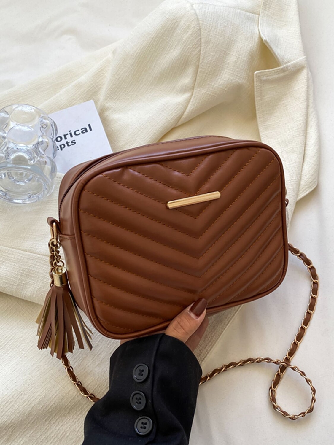

Мини-сумка с цепочкой и кисточками, коричневый