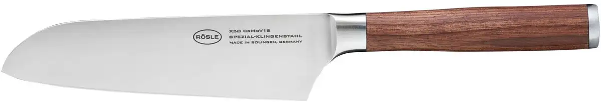 

Нож RÖSLE Santoku "Мастеркласс", (1 шт.), для мяса, рыбы и овощей, производство Золинген, лезвие из специальной стали Общая длина 31,5 см, Длина клинка 17 см., цвет silberfarben/holzfarben